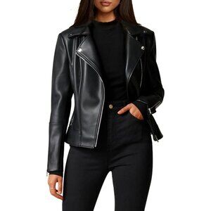 Women's Faux Leather Jacket Stretchy Sleeve Asymmetrical Coat Black Short Jacket